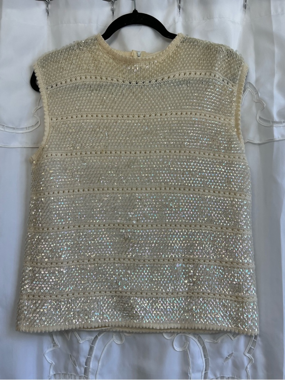 Ivory Sequin Knit Tank Sleeveless Sparkle Top Boho Coastal Chic Glam—Medium